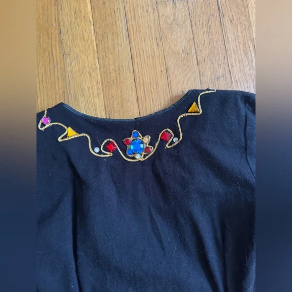 80s Vintage Long Sleeve Gothic Jewel-Trimmed Mini Dress Sz Sm - Picture 5 of 9